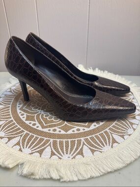 LAUREN RALPH LAUREN Women's Heels Pumps CROC Style BROWN Leather Size 7.5